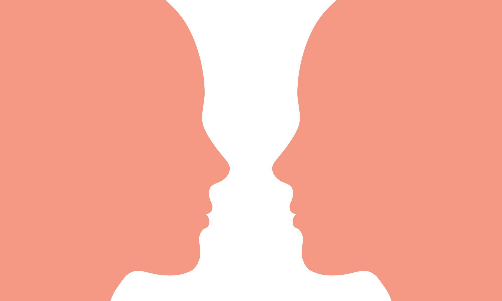 Flat salmon pink silhouettes face each other