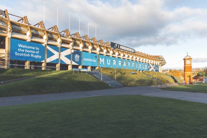 A scenic picture of Murrayfield Stadium in the evening sun.