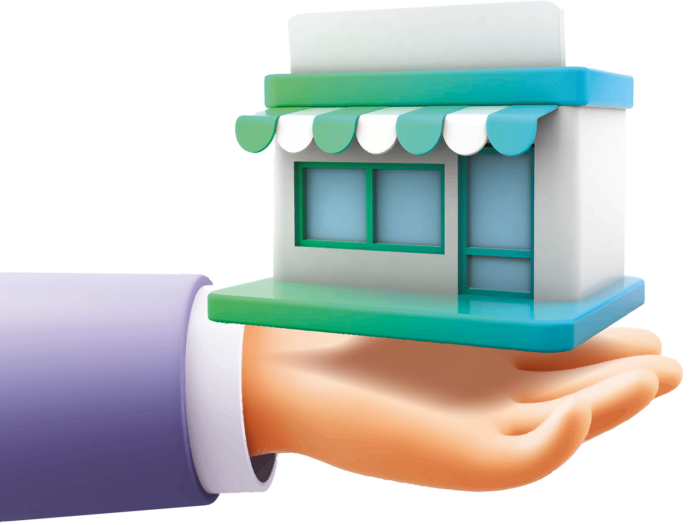 A 3D renering of an arm reaching out with a business building hovering above the hand.