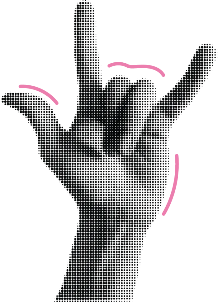 A pixelated hand making the sign of the horns symbol